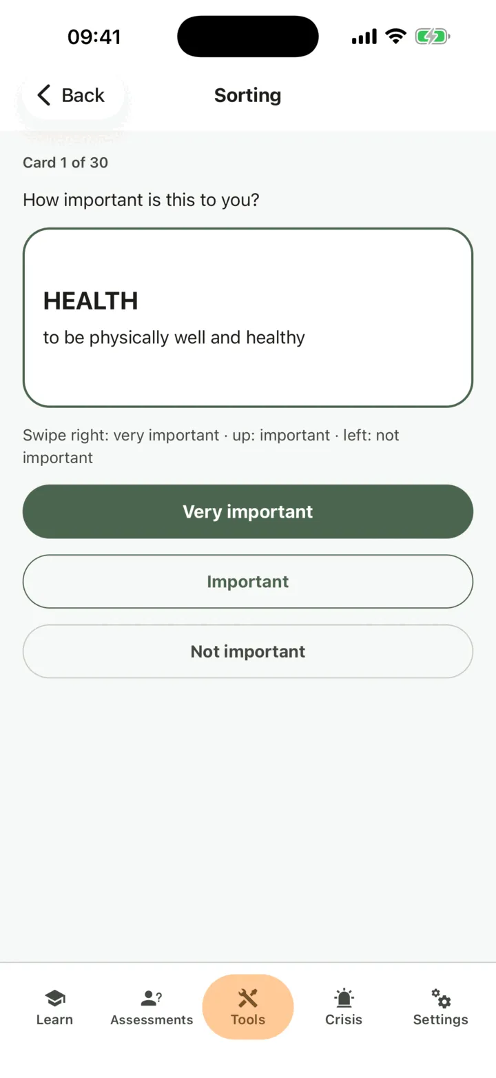 The card sort: one value card, Health, with the buttons Very important, Important and Not important below it