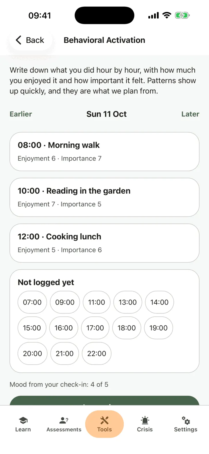 Today in Behavioral Activation: the hours already logged with their Enjoyment and Importance, and the hours Not logged yet