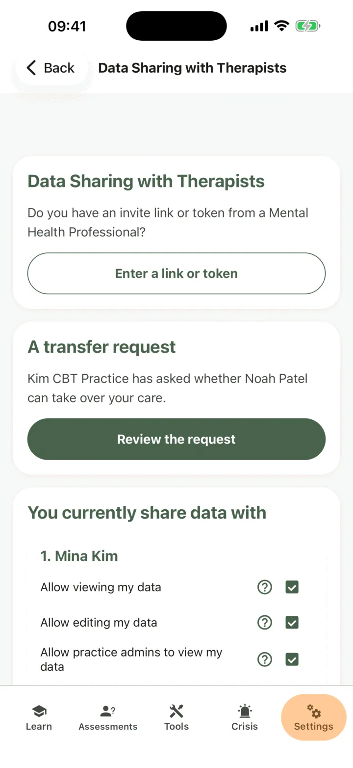 Data Sharing with Therapists with the card A transfer request at the top