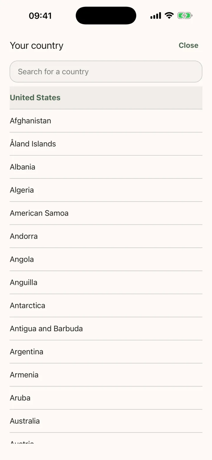 The Your country list: a search field, United States first, then the countries from A to Z, and Close