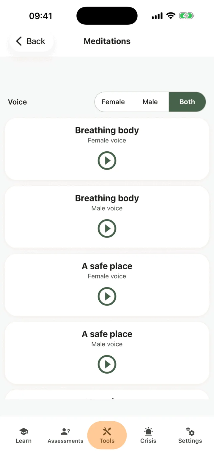 The Meditations list with Voice set to Both: each meditation twice, one card labelled Female voice and the next Male voice