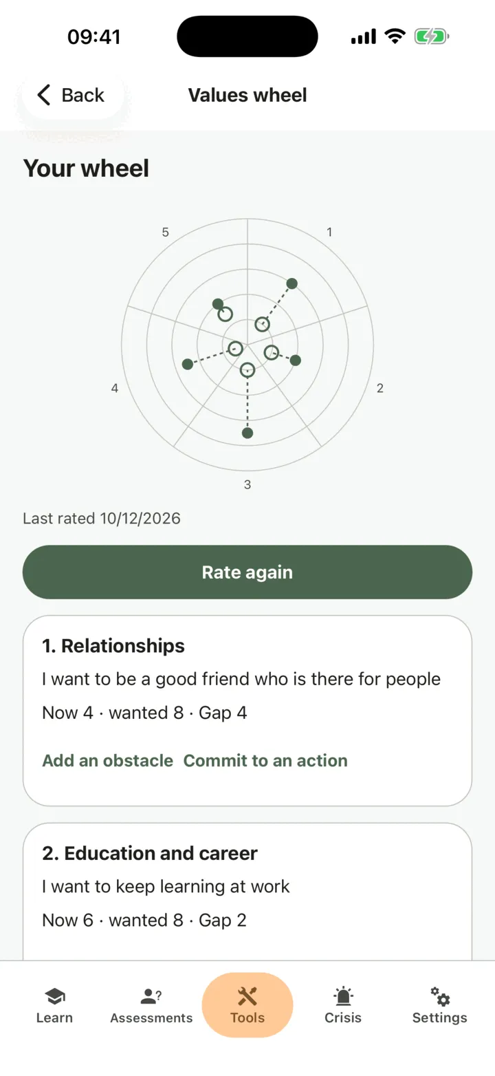 Your wheel: the chart of where you are now and where you want to be, the Rate again button, and the first area with its Now, wanted and Gap numbers