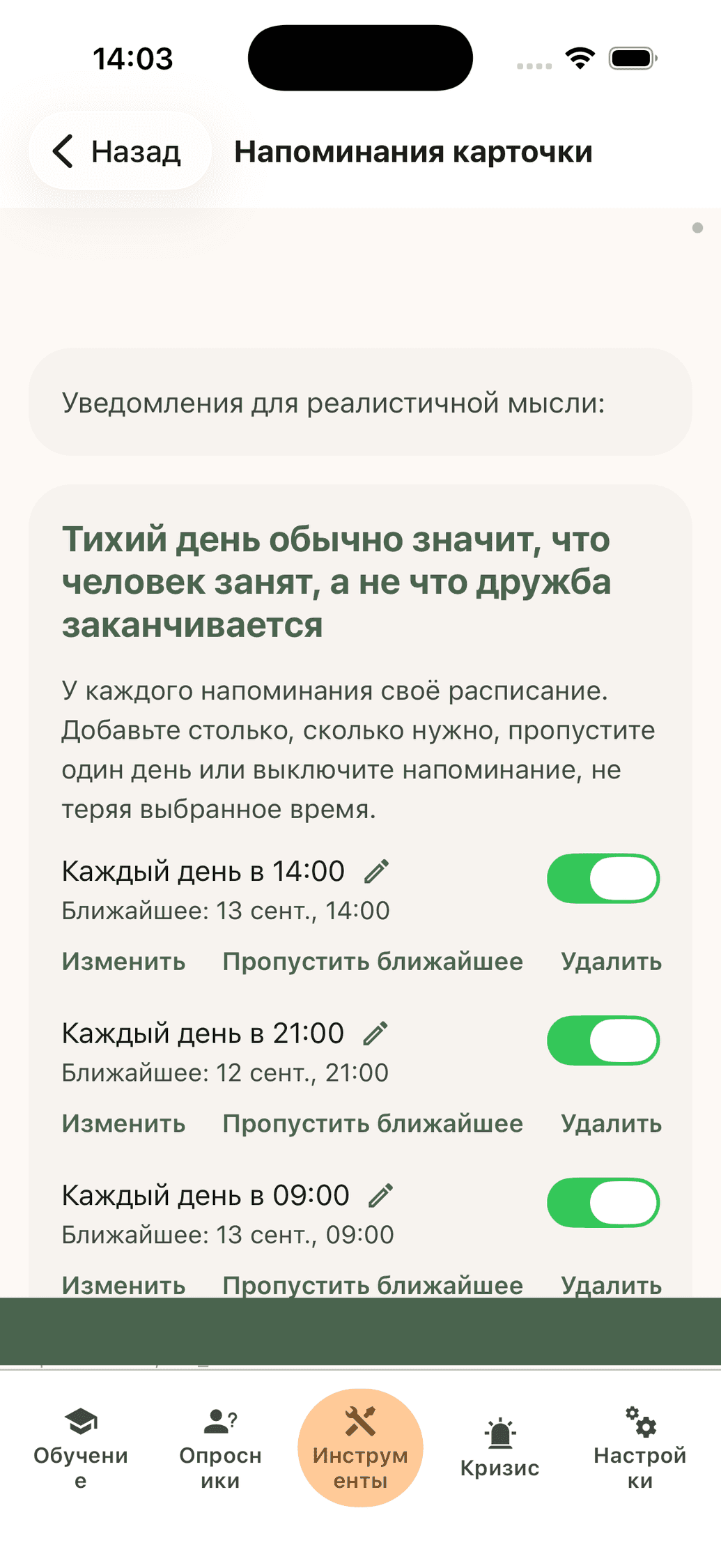 Расписание напоминаний по времени для копинг-карточки