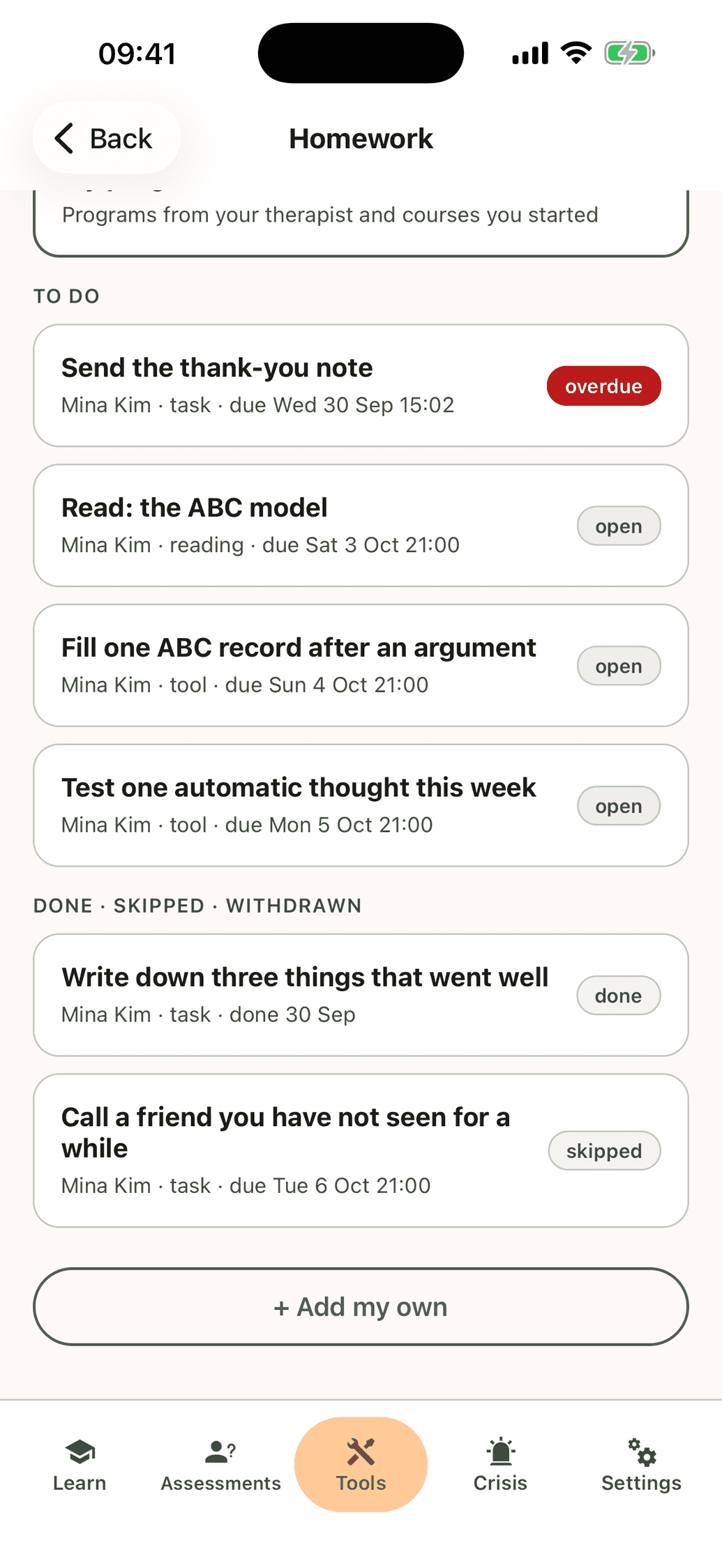 A client's homework list in the CopingCard app